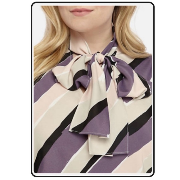 Nine West Striped Bow Blouse Small Purple Pink Taupe Black - Picture 1 of 9